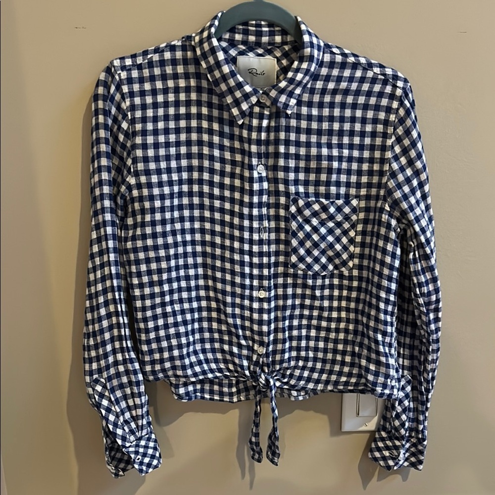 Rails Val Long Sleeve Blue White Gingham Linen Rayon Front Tie Blouse Small